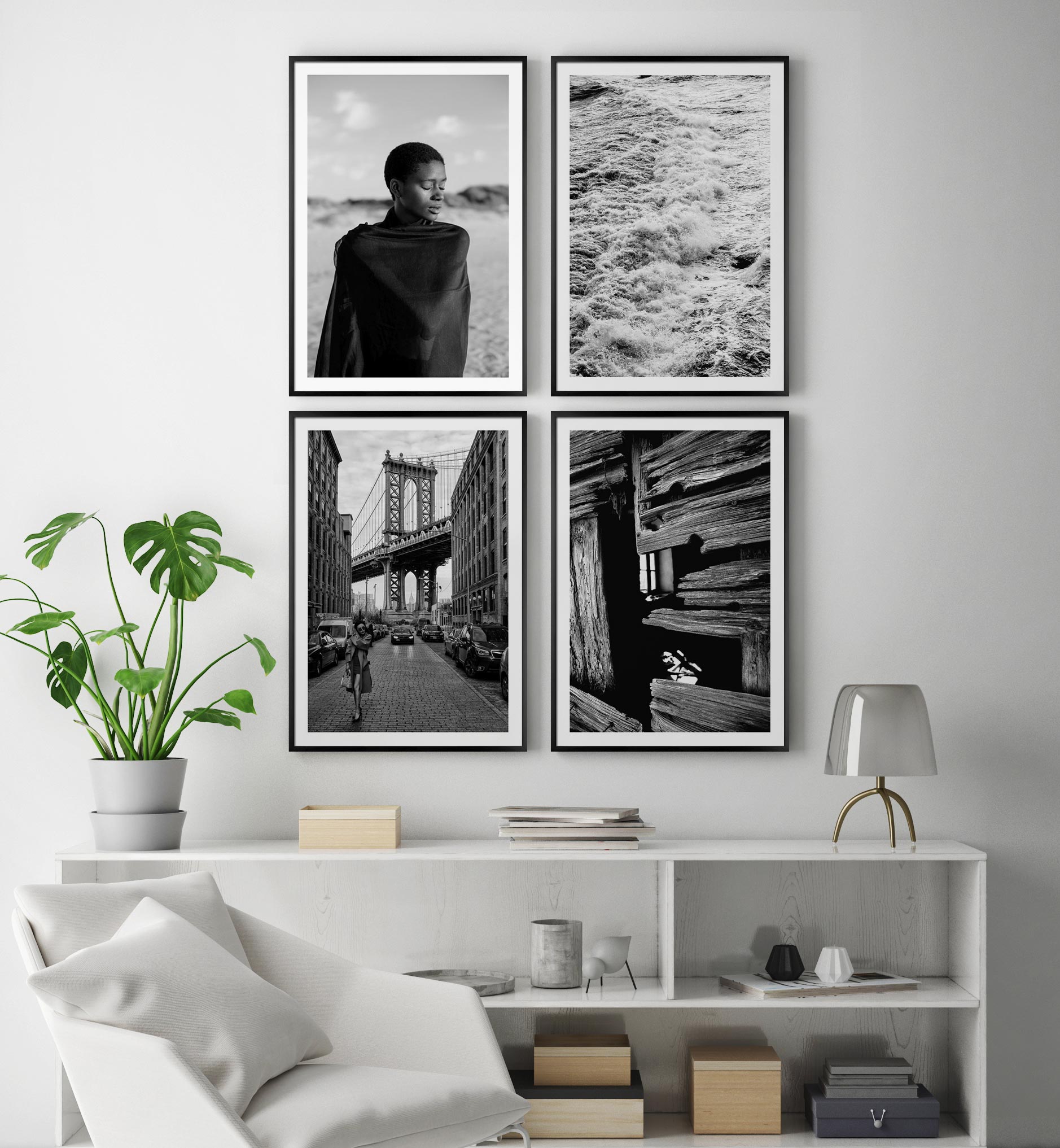 Moderne Rasterhängung mit schwarz-weiß Fotografien