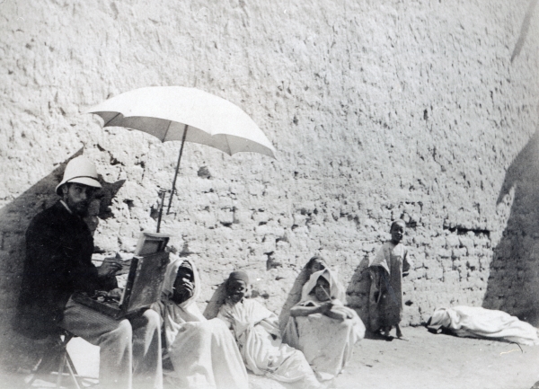 Paul Albert Laurens painting at Biskra, Algeria, 1892 (b/w photo)  von French Photographer