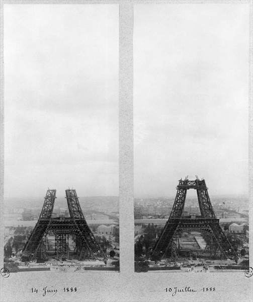 Two views of the construction of the Eiffel Tower, Paris, 14th June and 10th July 1888 (b/w photo)  von French Photographer