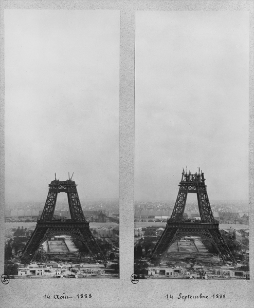 Two views of the construction of the Eiffel Tower, Paris, 14th August and 14th September 1888 (b/w p von French Photographer