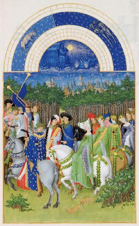 Facsimile of May: Courtly Figures on Horseback, from ''Les Tres Riches Heures du Duc de Berry''