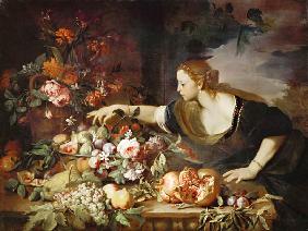 Frau mit Blumen und Früchten