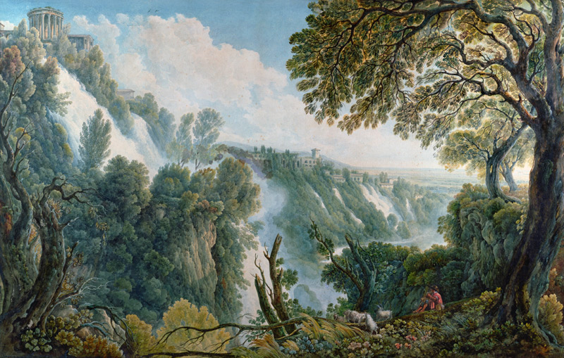 The Falls of Tivoli with a Man Seated below the Temple of the Sibyl (pen, ink, w/c, gouache) von Abraham Louis Rudolph Ducros