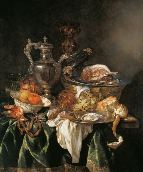 Still Life with a Silver Wine Jar with a Reflected Portrait of the Artist von Abraham van Beyeren