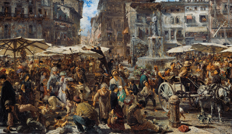 Piazza delle Erbe in Verona. von Adolph Friedrich Erdmann von Menzel