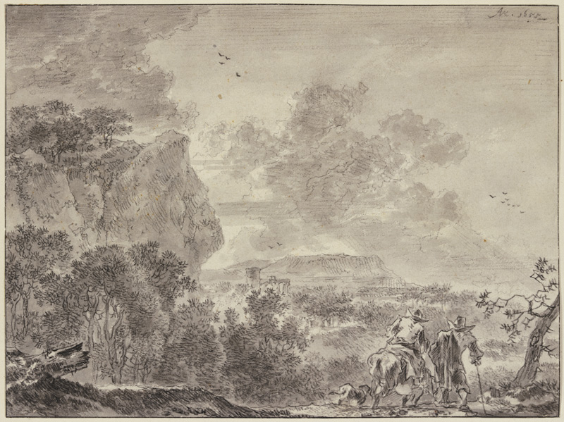 Italienische Landschaft, bewaldete Ebene, vorne zwei Wanderer, der linke beritten von Adriaen van der Cabel