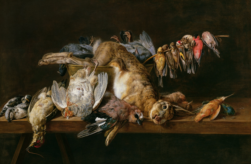 Still life of dead birds and a hare on a table von Adriaen van Utrecht