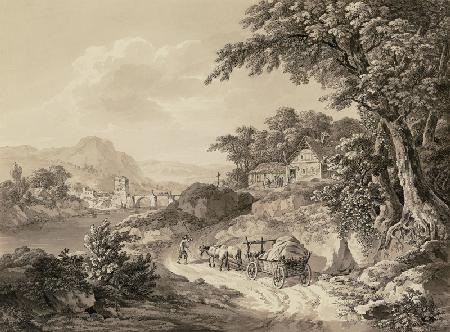 Flußlandschaft mit einer alten Brücke mit Turm, rechts ein Wirtshaus unter Bäumen an einem Hohlweg, 