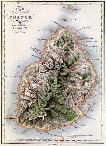 Map of Mauritius, illustration from ''Paul et Virginie'' Henri Bernardin de Saint-Pierre (1737-1814) von (after) A.H. Dufour