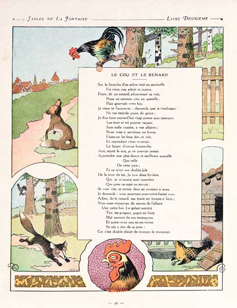 The cockerel and the fox, illustration from ''Fables'' Jean de la Fontaine, 1906 edition von (after) Benjamin Rabier