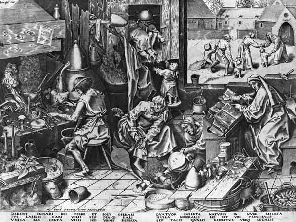 The Alchemist at work; engraved by Hieronymus Cock (c.1510-70) von (after) Pieter the Elder Bruegel