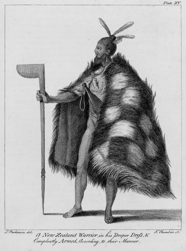 A New Zealand warrior, from ''A Journal of a Voyage to the South Seas in his Majesty''s ship, the En von (after) Sydney Parkinson