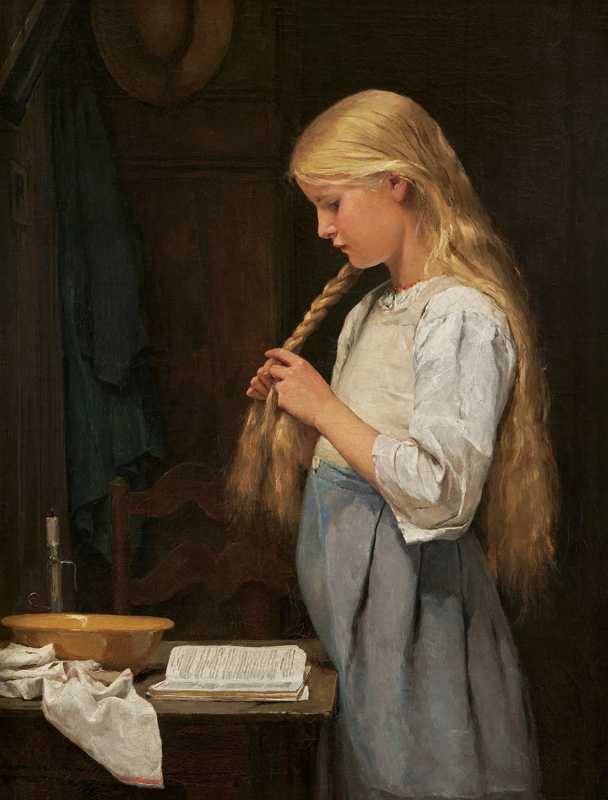 Mädchen die Haare flechtend von Albert Anker