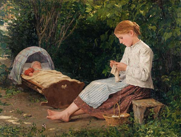 Strickendes Mädchen, Kleinkind in der Wiege hütend von Albert Anker
