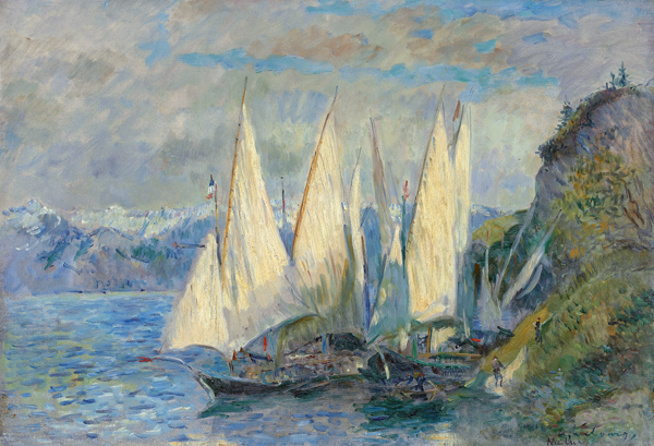 Barques aux grandes voiles sur le lac Léman à Meillerie en Haute-Savoie von Albert Lebourg