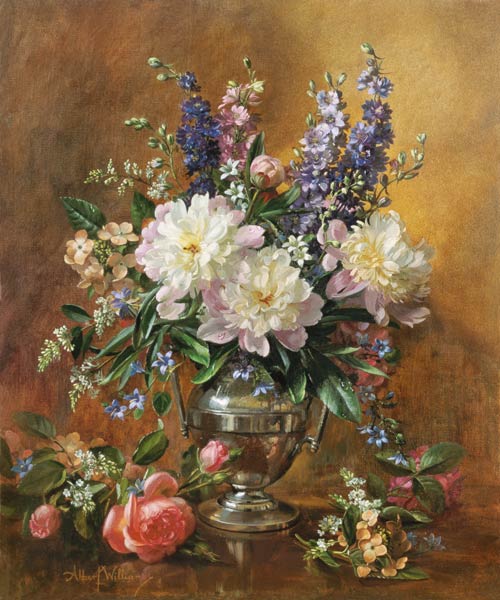 Still Life of Peonies and Delphiniums (oil on canvas)  von Albert Williams
