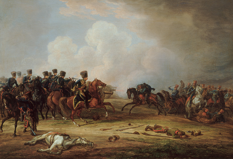 Eine Attacke der österreichischen Husaren auf die französische Batterie von Albrecht Adam