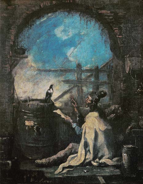 Ein Clown dressiert eine Elster von Alessandro Magnasco