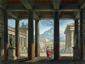 Entrance to the Amphitheatre, design for the opera 'L'Ultimo Giorno di Pompeii', 1827 (colour litho)