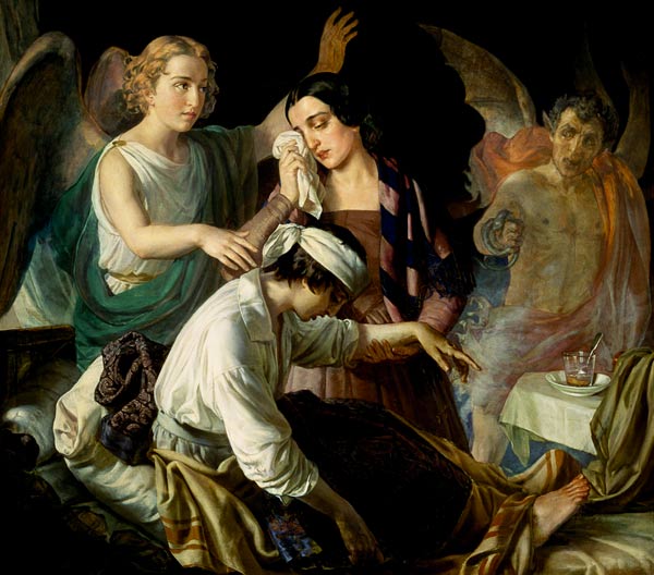 Ein Engel kämpft gegen den bösen Geist um die Seele einer Sterbenden von Alexej Wassiljewitsch Tyranow