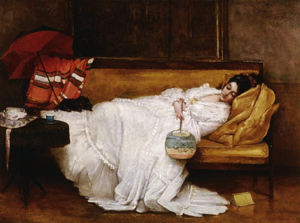 Schlafende junge Frau mit japanischem Fächer. von Alfred Stevens