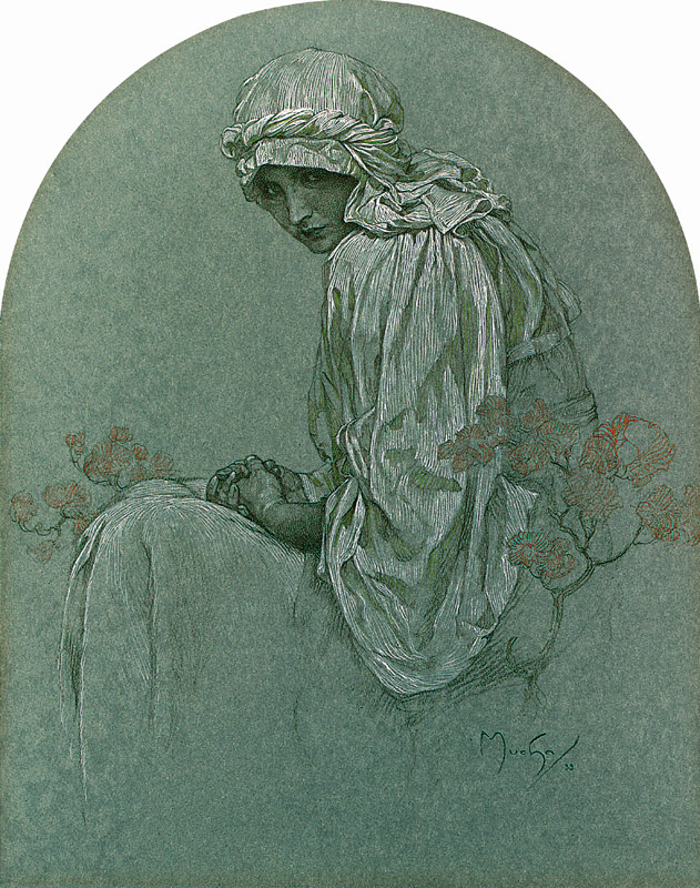 Mädchen mit Rhododendren von Alphonse Mucha