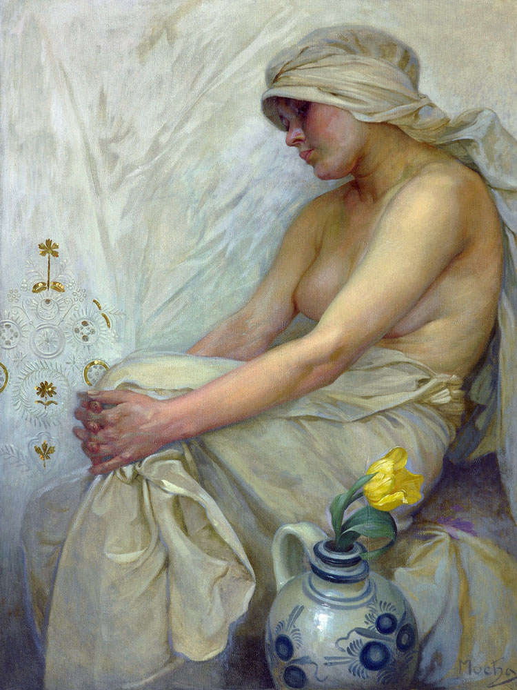 Sitzendes Mädchen von Alphonse Mucha