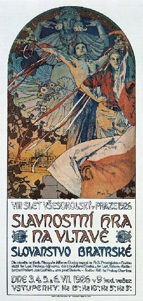 Plakat für das Historienspiel Slawische Brüderlichkeit zum 8. Sokol-Treff, Prag 1926