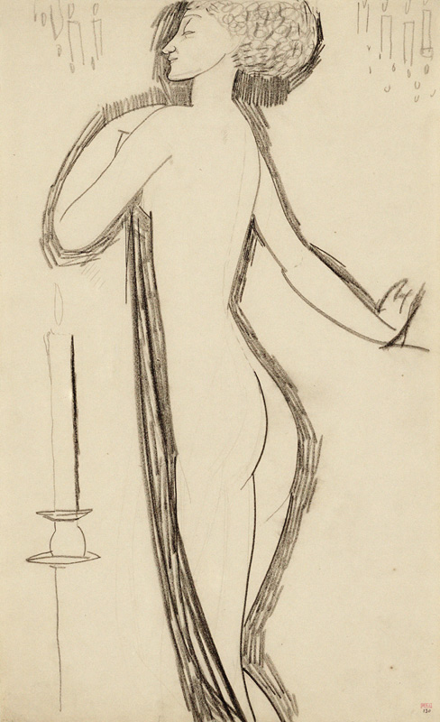 Stehender weiblicher Akt in Profil mit brennende Kerze von Amedeo Modigliani