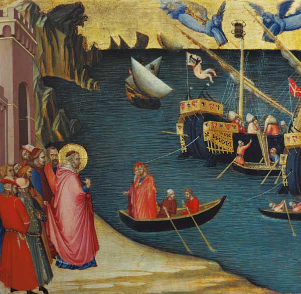 Heiliger Nikolaus überzeugt die Seeleute, von ihren Kornladungen etwas abzugeben