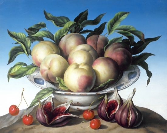 Peaches in Delft bowl with purple figs von  Amelia  Kleiser