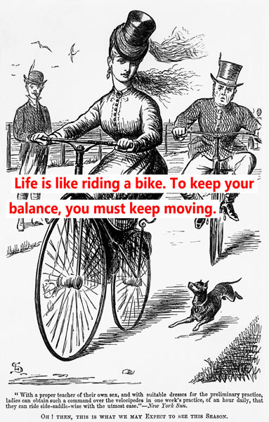 Cartoon of a Lady on a Velocipede mit Worten von American School