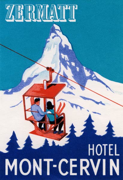 The Zermatt Peak with Skiers on Ski Lift von American School, (20th century)