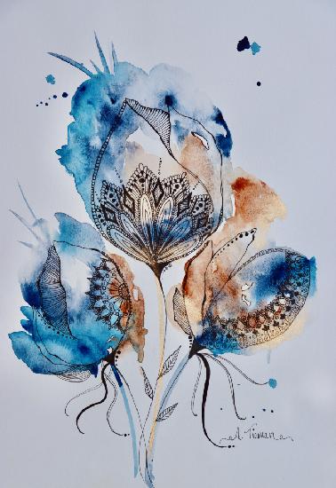 Mandala Floral (blue, Gold, Burnt Sienna)