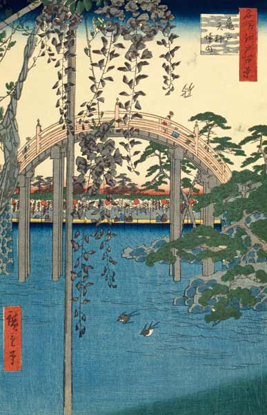 The Bridge with Wisteria or Kameido Tenjin Keidai, plate 57 from ''100 Views of Edo'' von Ando oder Utagawa Hiroshige