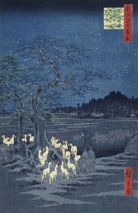 Fuchsfeuer am Heiligabend vor dem Nesselbaum nahe Oji (Einhundert Ansichten von Edo)