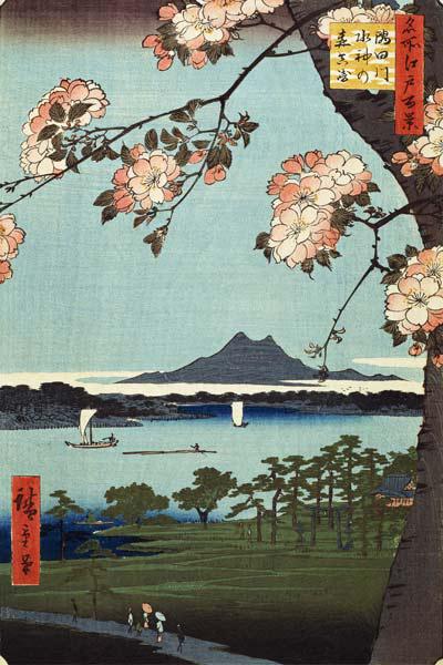 Suijin Schrein und Massaki am Fluß Sumida. (Aus der Serie: 100 berühmte Ansichten von Edo).