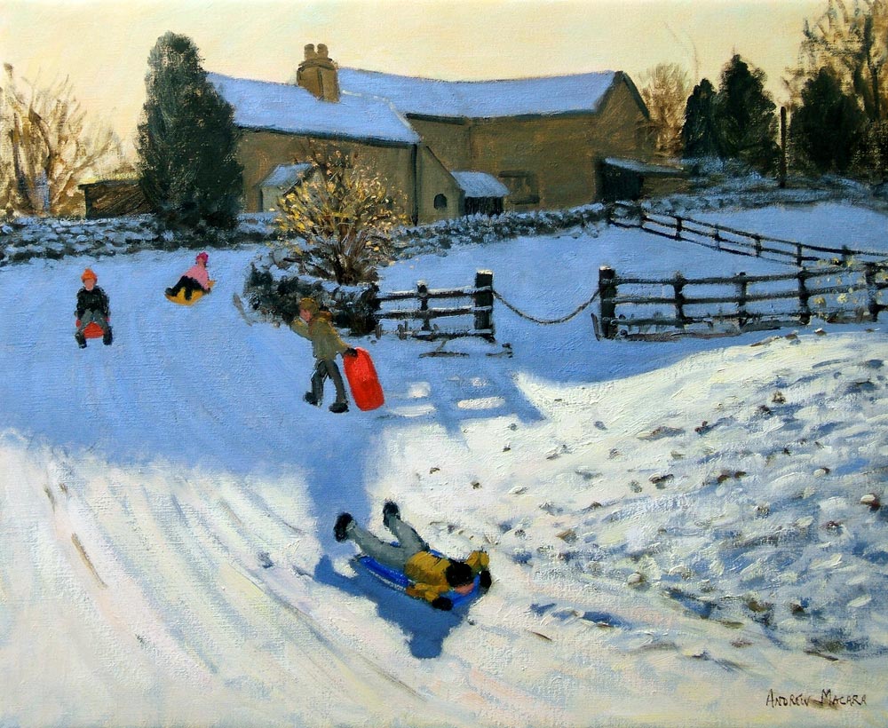 Children Sledging, Monyash, Derbyshire (oil on canvas)  von Andrew  Macara