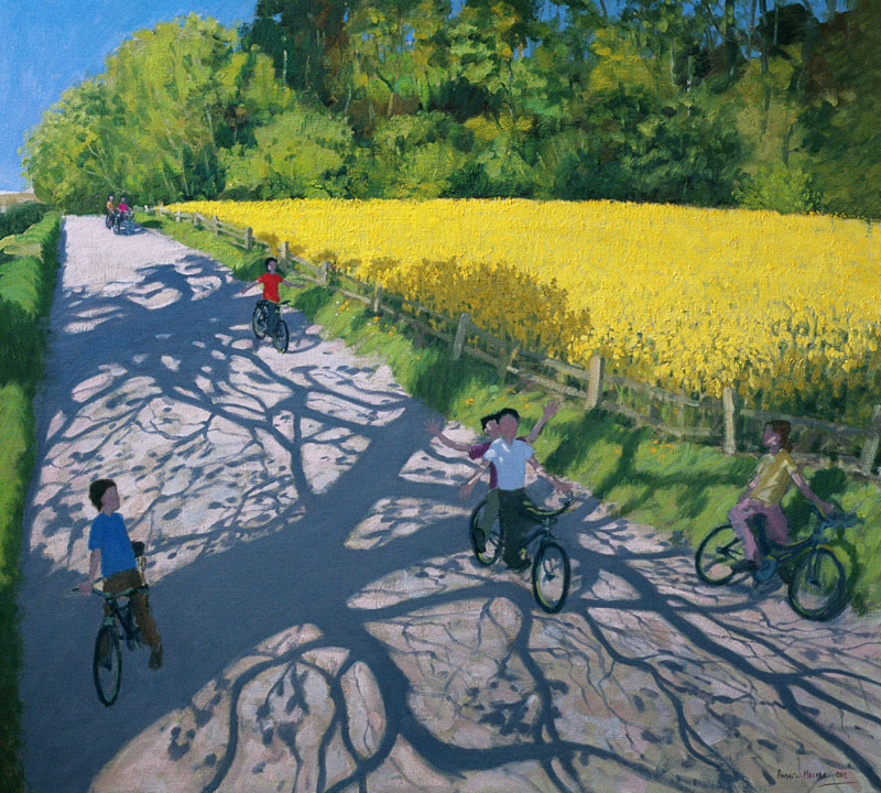 Cyclists and Yellow Field, Kedleston, Derby (oil on canvas)  von Andrew  Macara