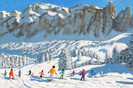 Colourful skiers,Val Gardena, Italy