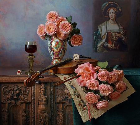 Still life with violin and roses