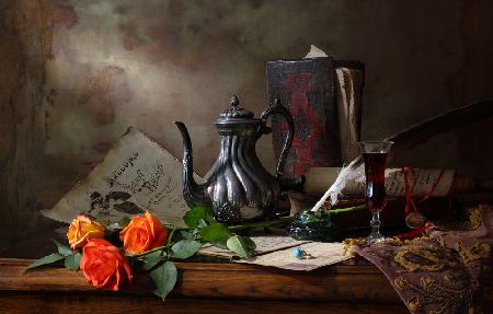 Still life with teapot and roses