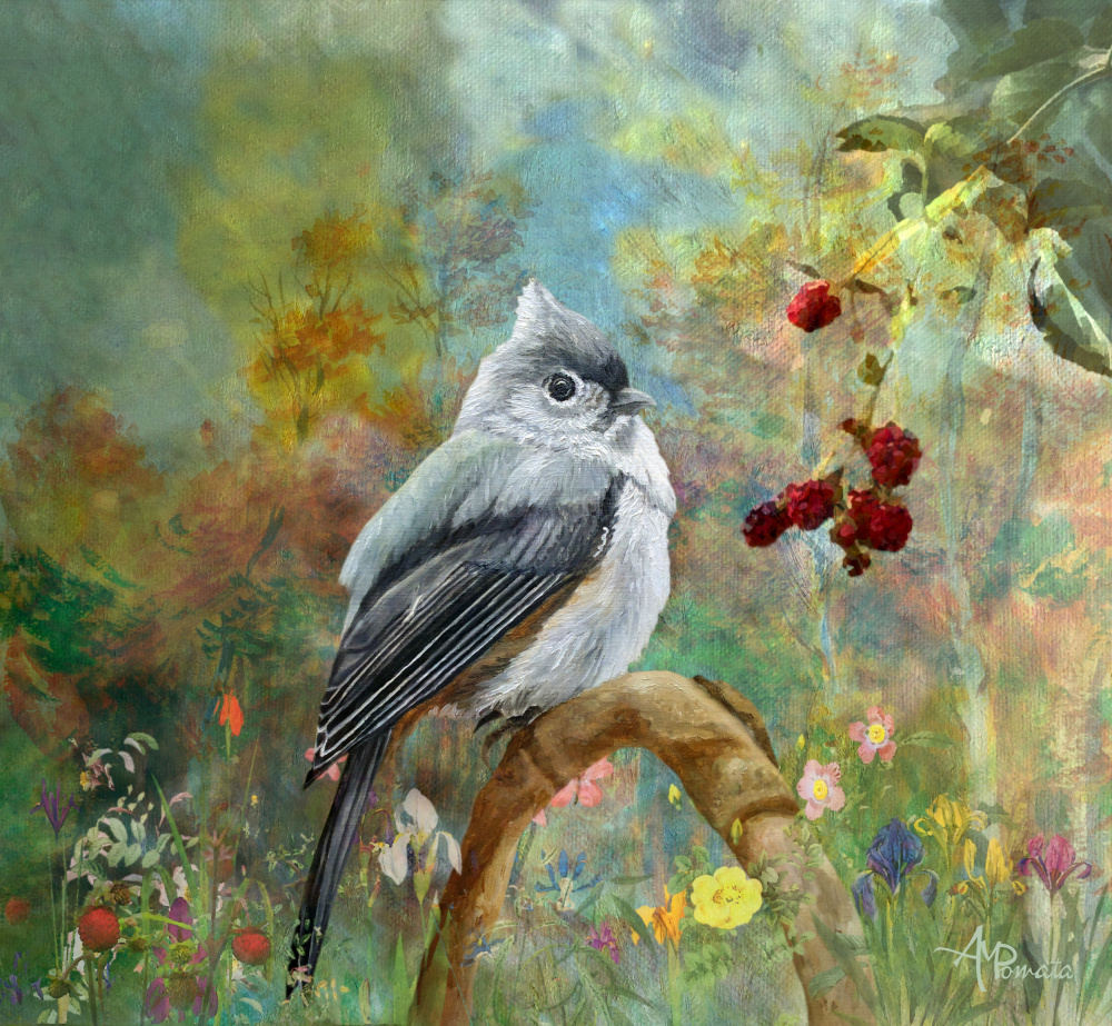 Titmouse In the Berries Garden von Angeles M. Pomata