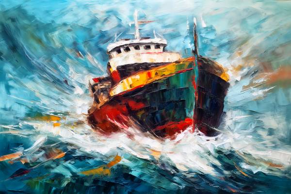 Schiff in den weißen Wellen. Abstrakte Spachteltechnik von Anja Frost