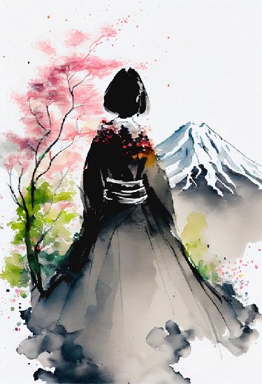Japanische Geisha blickt auf die Landschaft mit schneebedecktem Fuji