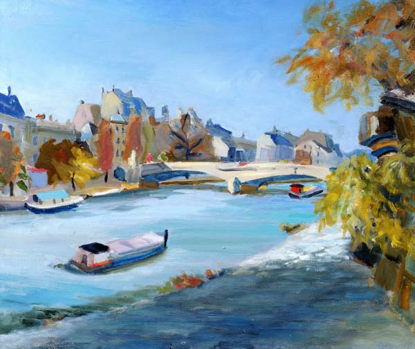 Barge sailing down the river Seine in Paris (oil on canvas)  von Anne  Durham