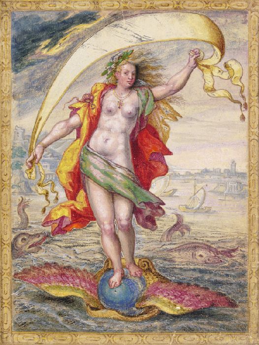 Schwebende Frauengestalt auf einer geflügelten Kugel, die in einer Muschel liegt (Kairos oder Fortun von Anonym