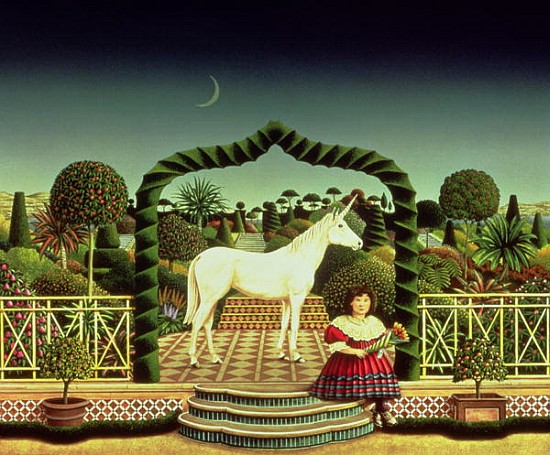 Girl with a Unicorn, 1980 (acrylic on board)  von Anthony  Southcombe