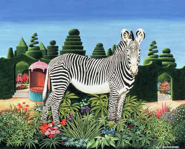 Zebra in a Garden, 1977 (acrylic on board)  - Anthony  Southcombe