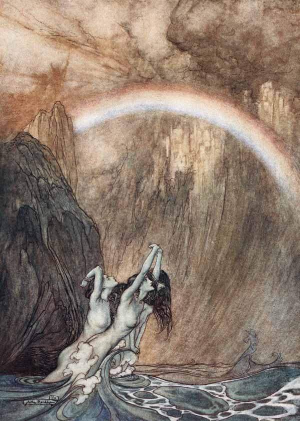 Klagen der Rheintöchter über das verlorene Gold. Illustration für "The Rhinegold and The Valkyrie" v von Arthur Rackham